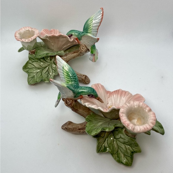 VTG Pair of Fitz and Floyd Hummingbird & Hibiscus Candlestick Holders - Picture 5 of 6